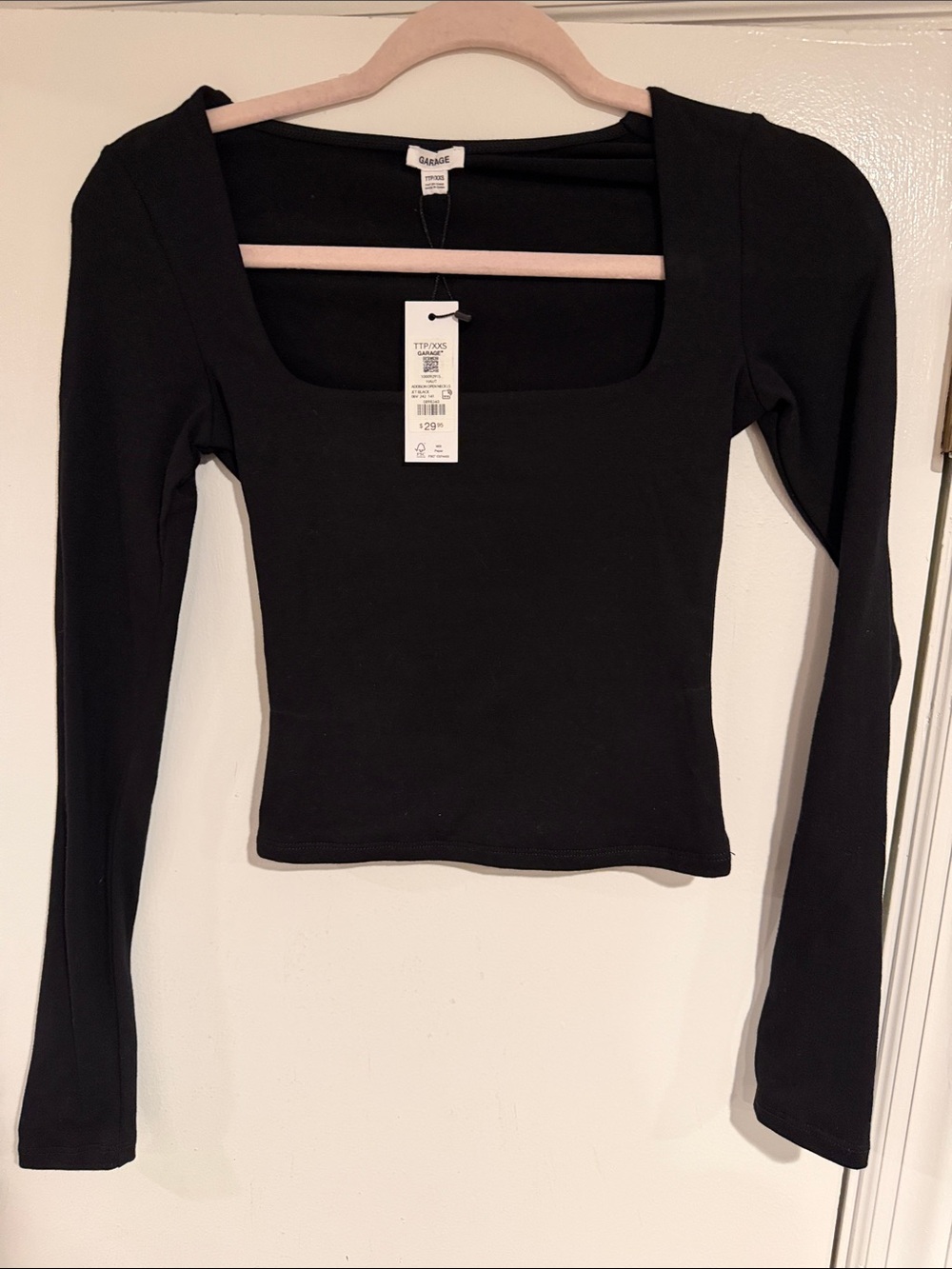 NWT Size XXS. Garage Black Long-Sleeve Square Neck Top